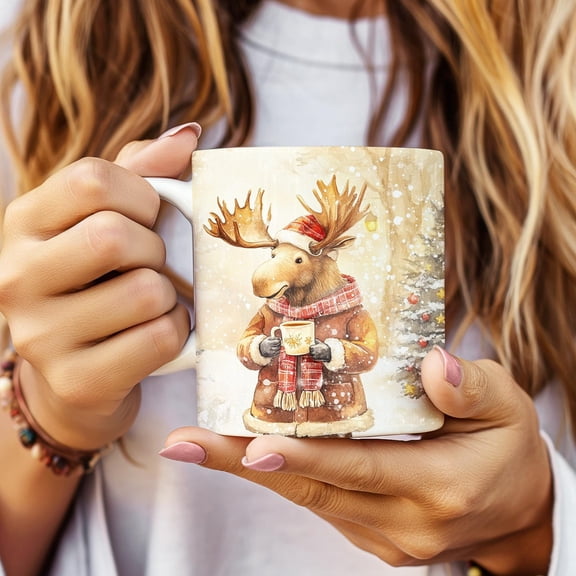 Funny Moose Christmas Ceramic Coffee Cup, Festive Holiday Hot Cocoa Tea Mug, 11oz 15oz Gift for Coffee Lover, Rustic Woodland Decor Kitchen