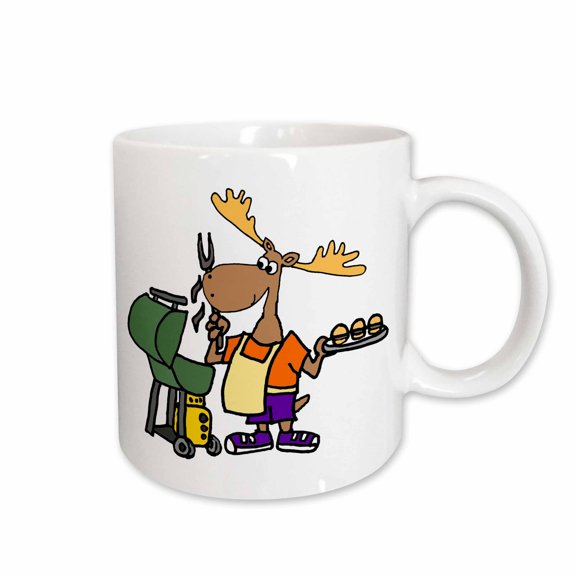 3drose, Funny Moose Grilling Hamburgers Cartoon, 11oz Mug