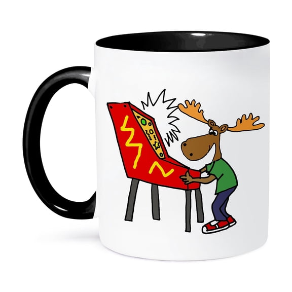 3dRose, Funny Moose Playing Pinball Game Cartoon, 15oz Two-Tone Black Mug
