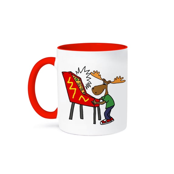 3dRose, Funny Moose Playing Pinball Game Cartoon, 15oz Two-Tone Red Mug