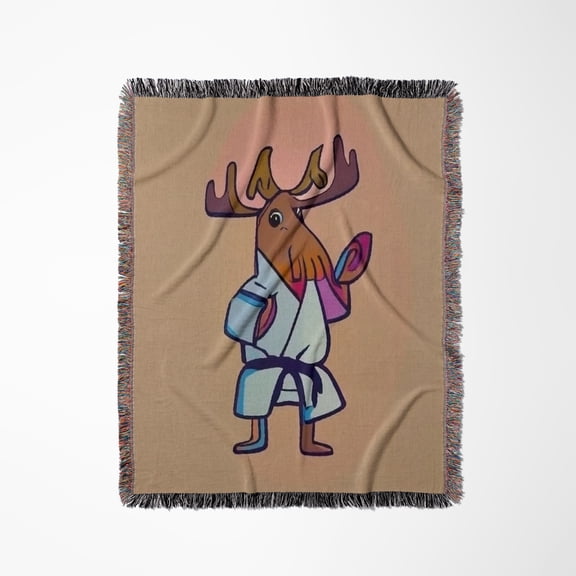 Funny Moose Practicing Karate Kick Martial Arts, Woven Blanket