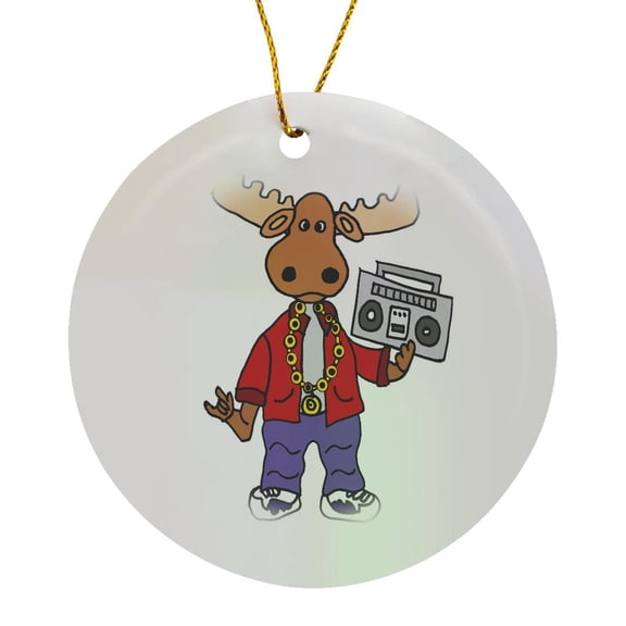 3drose, Funny Moose Rapper Listening to Rap Music Cartoon, Circle Porcelain Ornament