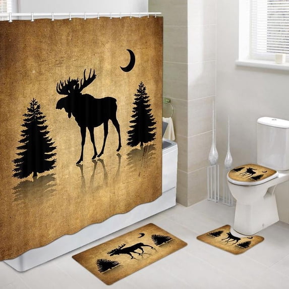 Funny Moose Shower Curtain Set, Rustic Cabin Wildlife Bathroom Accessories, Farmhouse Animal Vintage Black Brown Artwork Cloth Fabric Country Bathroom Decor with Hooks