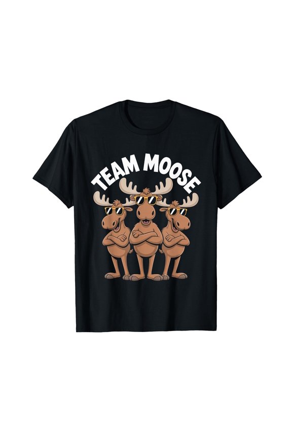 Funny Moose Team Cartoon T-Shirt for Animal Lovers in Forest Theme