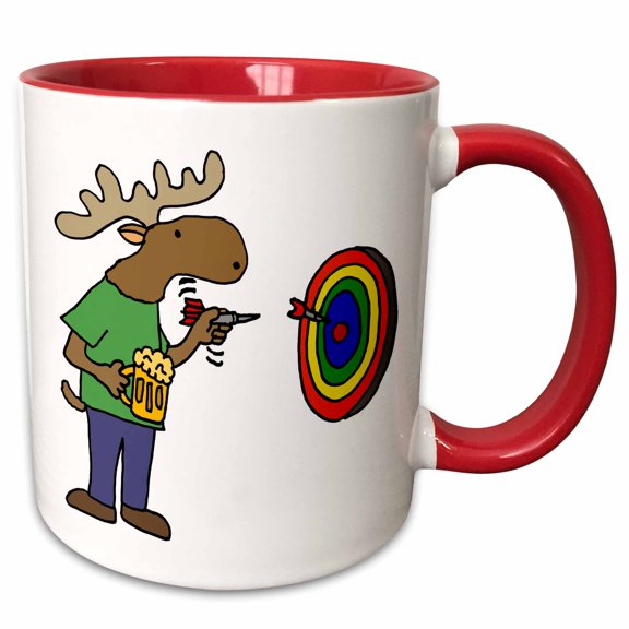 3drose, Funny Moose Throwing Darts Cartoon, 15oz Two-tone Red Mug