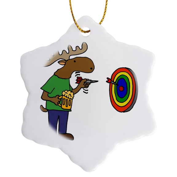 3drose, Funny Moose Throwing Darts Cartoon, 3 inch Snowflake Porcelain Ornament