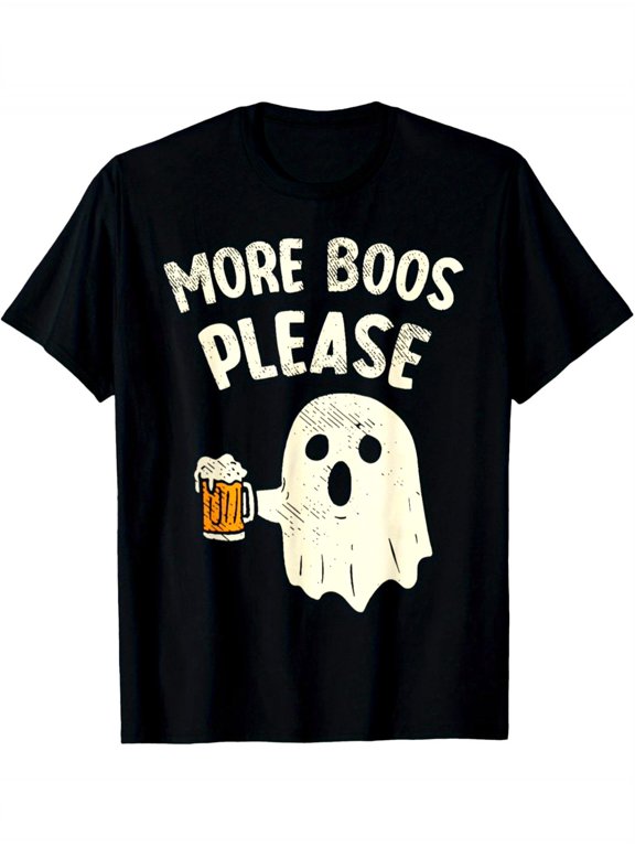 Funny More Boos Please Ghost Halloween Graphic Tee for Men Women, Cute Spooky Boo Short Sleeve T-Shirt, Casual Crew Neck Top for Halloween Gift