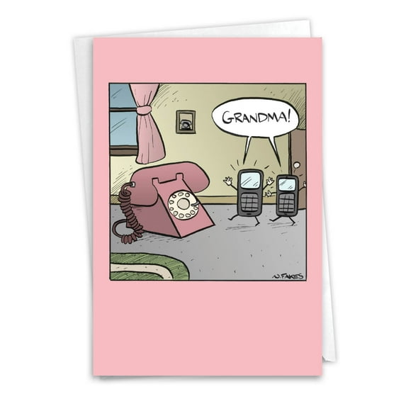 Funny Mother's Day Greeting Card with 5 x 7 Inch Envelope - Two Black Cellphones Greeting a Pink Rotary Grandmother Telephone