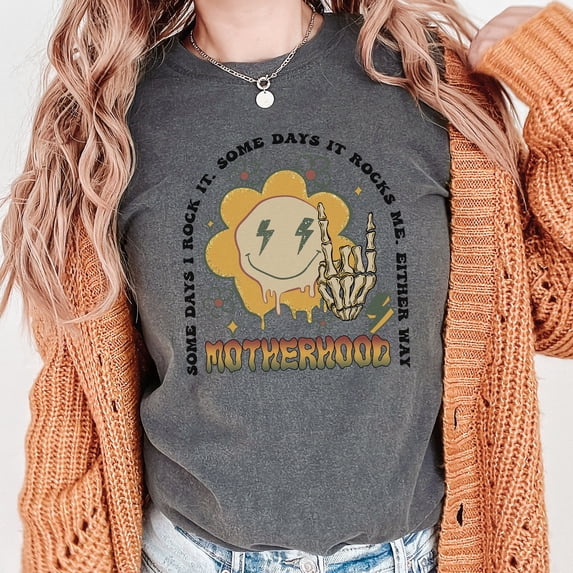 Funny Motherhood Rock Shirt, Sometimes I Rock it Tee, Comfort Colors Mom Tee, Some Days I Rock It Some Days It Rocks Me Comfort Colors Shirt (Colors:Pepper; Sizes:XL;)