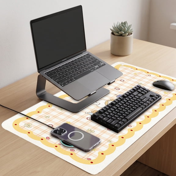 Funny Mouse Pad, Electric Heating Desk Mat, Wavy Edge Heated Mousepad With Timing Function, Right Hand Switch, Decorative Cute Grid Print, Waterproof Non Surface for Home Workstation 14*24"