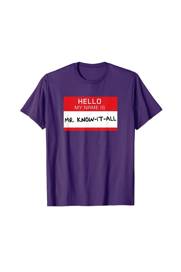 Funny Mr. Know It All Name Tag Design Purple T-Shirt for Dads, Husbands, and Brothers