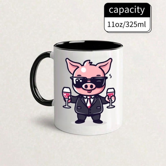 Funny Mr Pig with Wine Glass Ceramic Mug Cute Pig Design Coffee Tea Cup Microwave Cup home Office Use Hand Wash Only Birthday Christmas Animal Themed