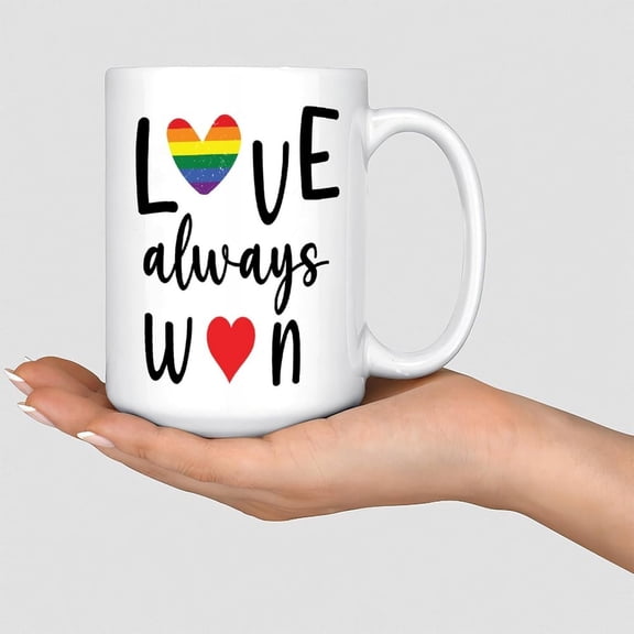 Funny Mug Love Always Win Coffee Cups Lesbian Gay Bisexual Transgender Asexual Custom Ceramic Mugs Gifts for Dad Father Family BFF 11oz White