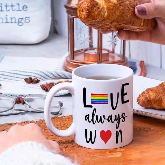 Funny Mug Love Always Win Coffee Cups Lesbian Gay Bisexual Transgender Asexual Custom Ceramic Mugs Gifts for Dad Father Family BFF 11oz White