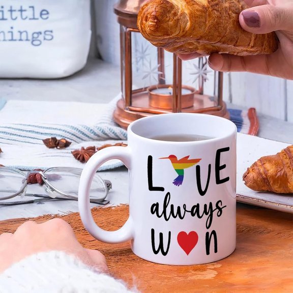 Funny Mug Love Always Win Coffee Cups Lesbian Gay Bisexual Transgender Asexual Custom Ceramic Mugs Gifts for Dad Father Family BFF 11oz White