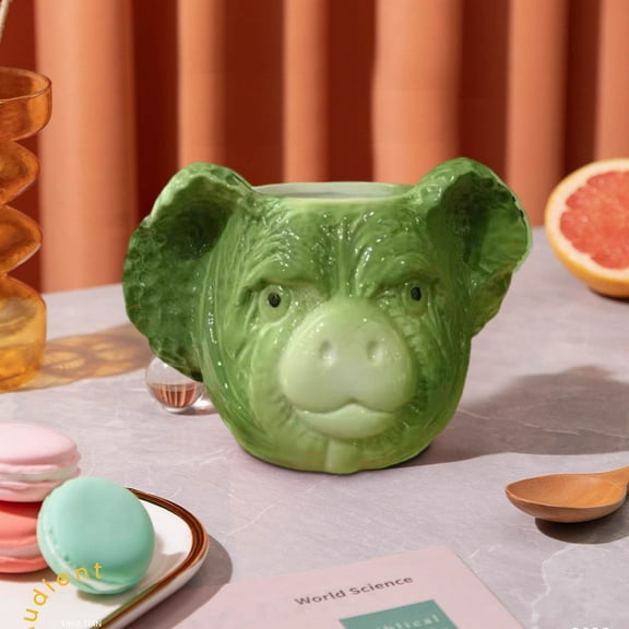 Funny Mug Novelty Cabbage Pig Shaped Ceramic Coffee Cup Unique Creative Gift for Men Women Cute Animal Themed Drinkware for Birthday Christmas Gag Gift Green 5.9 Inch