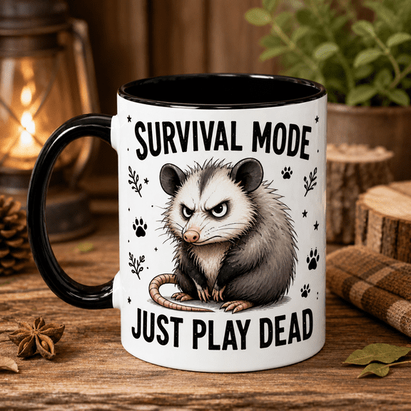 Funny Mug Possum Survival Mode Ceramic Coffee Cup for Desk or Office Coworker Gift