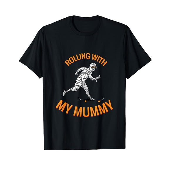 Funny Mummy Halloween Skateboard Black T-Shirt Casual Cotton Tee