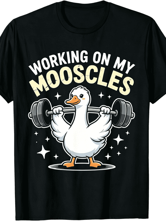 Funny Muscular Goose Lifting Barbell Fitness T-Shirt, Working On My Mooscles Cream Yellow Letter Print Crew Neck Short Sleeve Tee, Gym Workout Lover Casual Top