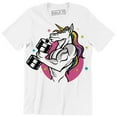 thumbnail image 1 of Funny Muscular Unicorn With Pink Back Drop And Tiny Colorful Stars T-Shirt, 1 of 4