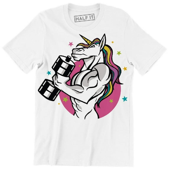 Funny Muscular Unicorn With Pink Back Drop And Tiny Colorful Stars T-Shirt