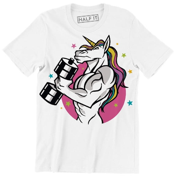 Funny Muscular Unicorn With Pink Back Drop And Tiny Colorful Stars T-Shirt