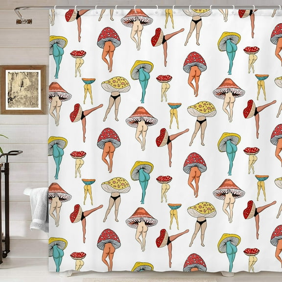 Funny Mushroom Butt Shower Curtain, Fun Cute Sexy Butt 70S 80S Fabric Shower Curtains for Bathroom Hippie Psychedelic Aesthetic Colorful Unique Cool Cloth Black Shower Curtain with 12 Hooks,70X70