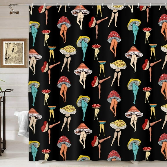 Funny Mushroom Butt Shower Curtain, Fun Cute Sexy Butt 70S 80S Fabric Shower Curtains for Bathroom Hippie Psychedelic Aesthetic Colorful Unique Cool Cloth White Shower Curtain with 12 Hooks,70X70