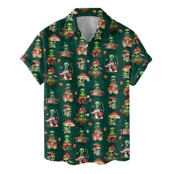 Funny Mushroom Guitar Alien Hawaiian Shirt For Men Aliens Mens Hawaiian Shirts Short Sleeve Men's Casual Button-down Shirts