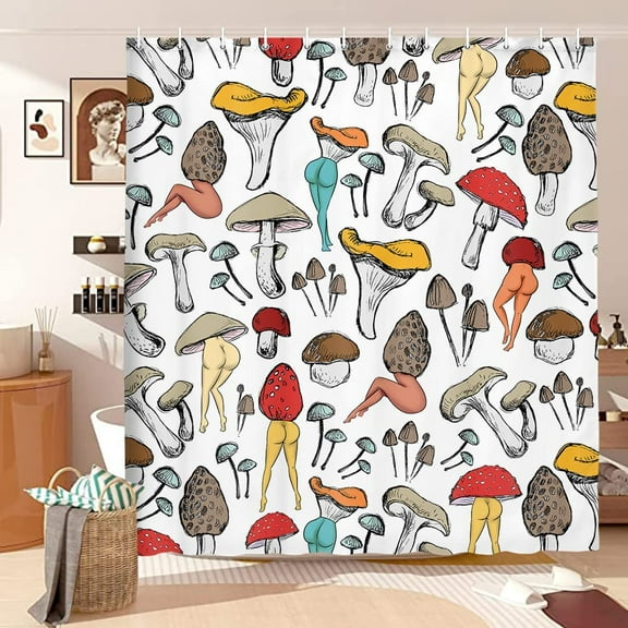 Funny Mushroom Shower Curtain Retro Mushroom Butt hippie Shower Curtain Cute Woman Legs Aesthetic Abstract Vintage 80S 70S 60S Bathroom curtain Unique Cool Bathroom accessories 12PCS hooks, 72X72IN