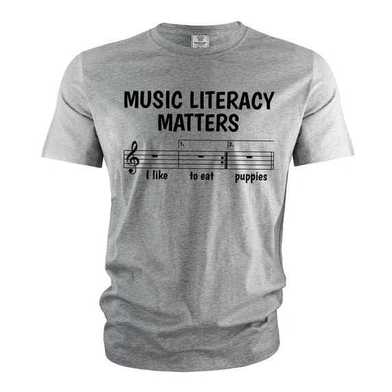 Funny Music T-shirt Music literacy matters funny musician musical notes piano guitar shirt (Large Grey)