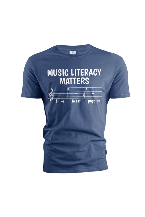 Funny Music T-shirt Music literacy matters funny musician musical notes piano guitar shirt (Medium Navy Blue)