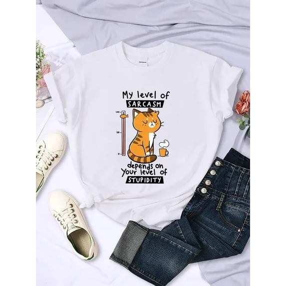 Funny My Level of Sarcasm Depends on Your Level of Stupidity Graphic Women T Shirts Sarcasm Level Cat Tees 2024 Summer T Shirts
