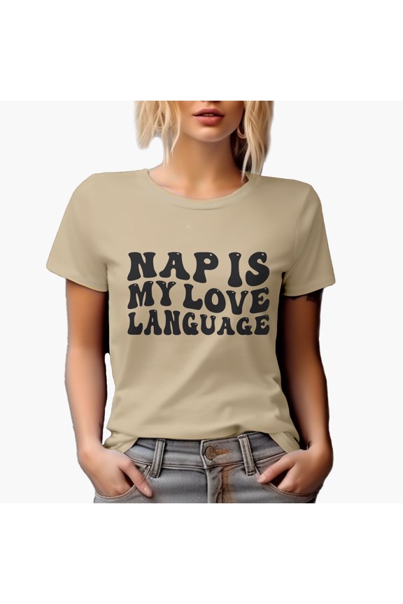 Funny Nap Is My Love Language, Sleep Lover Quote, Groovy Retro Wavy Text Merch Gift, Tan T-Shirt, Large