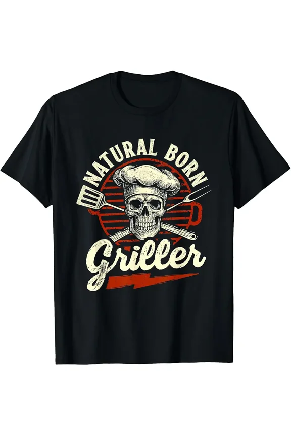 Funny Natural Born Griller Chef Skull BBQ Dad Men Vintage Graphic Cotton T-Shirt