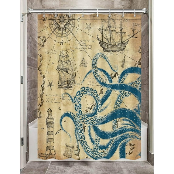 Funny Nautical Octopus Camper RV Shower Curtain for Travel Trailer Bathroom, Ocean Camping Fabric Stall Small Narrow Shower Curtains Set, Happy Camp Outdoor Decor Accessories with Hooks 47X64