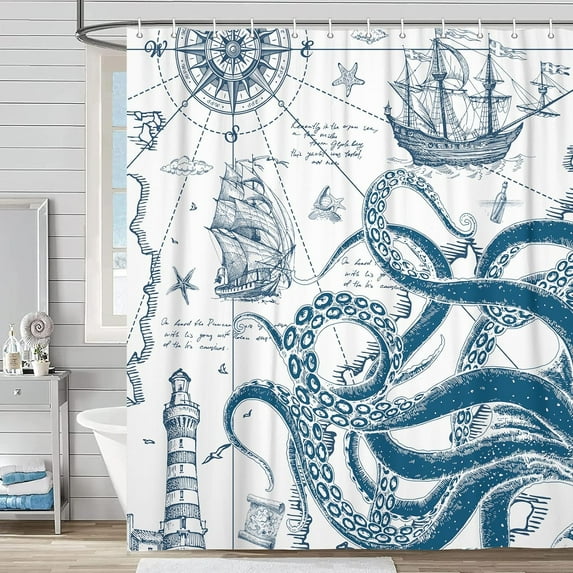 Funny Nautical Octopus Shower Curtain, Cool Coastal Ocean Beach Fabric Shower Curtains Set for Mens Boys Kids Bathroom Decorative, Fun Navy Blue White Restroom Decor Accessories 72X75 Inch