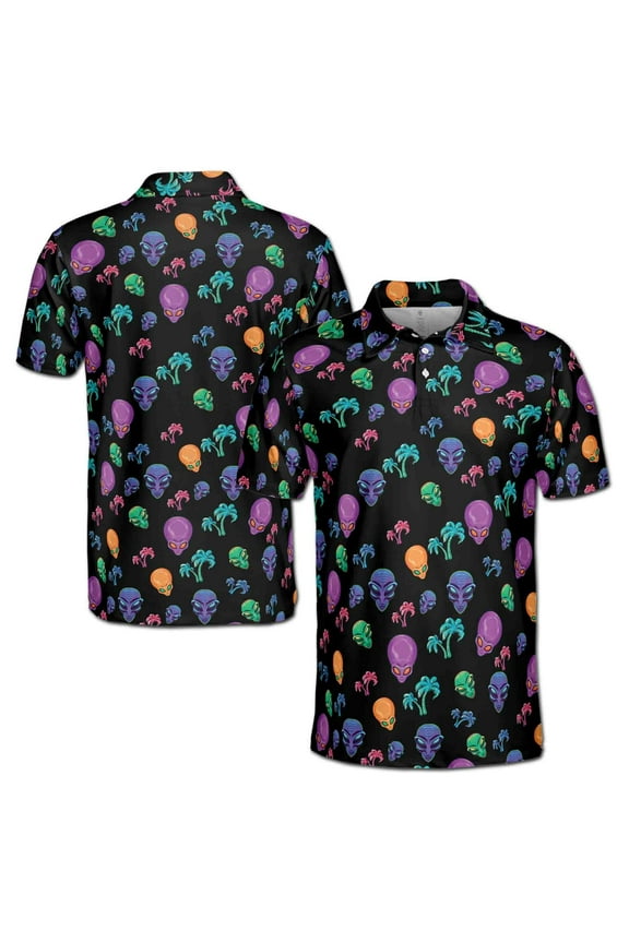Funny Neon Alien and Palm Tree Tropical Men's Polo Shirt S-5XL
