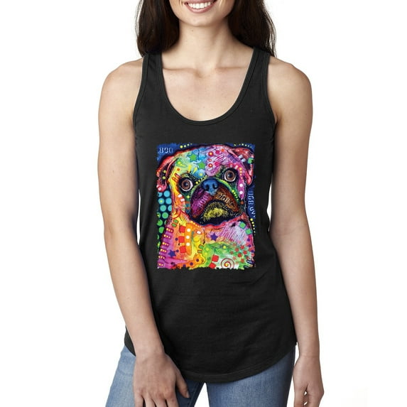 Funny Neon Pug | Dean Russo Art Animal Lover Ladies Racerback Tank Top, Black, X-Large