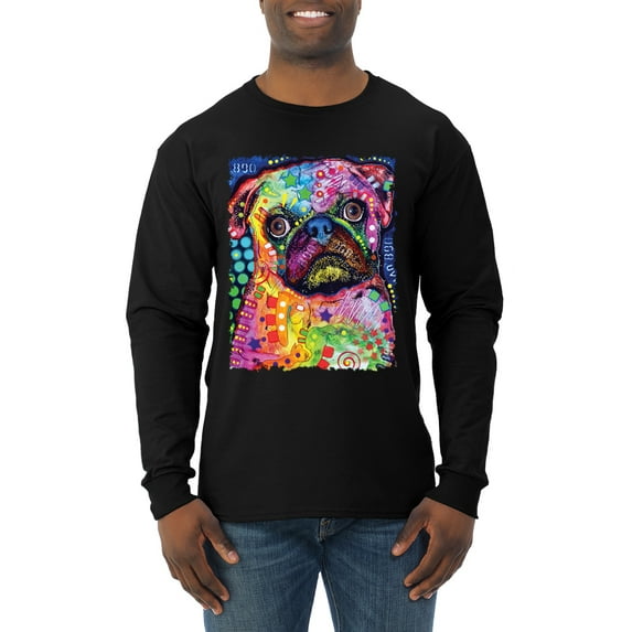 Funny Neon Pug | Dean Russo Art Animal Lover Mens Long Sleeve Shirt, Black, XX-Large