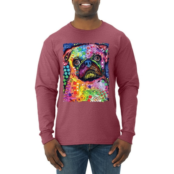 Funny Neon Pug | Dean Russo Art Animal Lover Mens Long Sleeve Shirt, Vintage Heather Red, 3X-Large