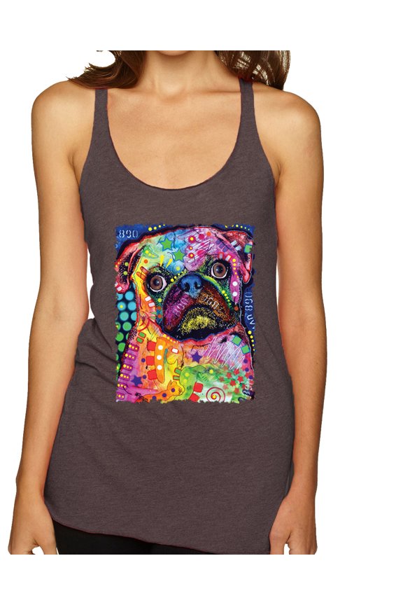 Funny Neon Pug | Dean Russo Art Animal Lover Tri-Blend Racerback Tank Top, Brown, X-Large