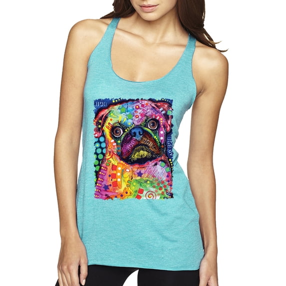 Funny Neon Pug | Dean Russo Art Animal Lover Tri-Blend Racerback Tank Top, Tahiti Blue, Large