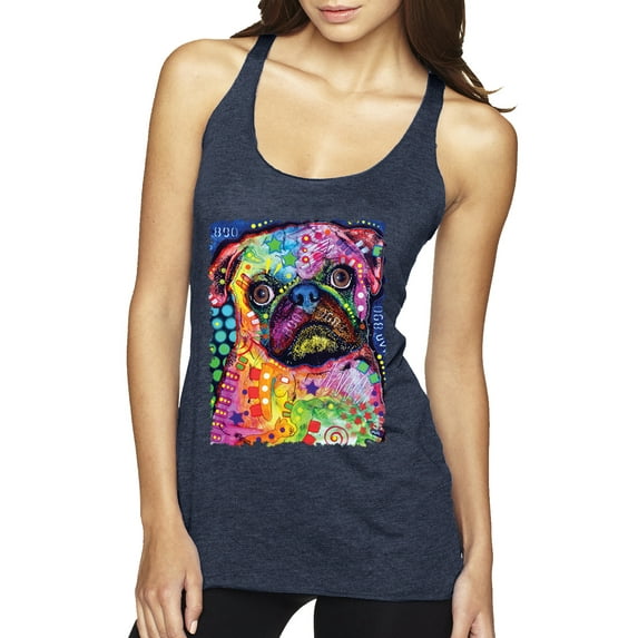 Funny Neon Pug | Dean Russo Art Animal Lover Tri-Blend Racerback Tank Top, Vintage Navy, Small