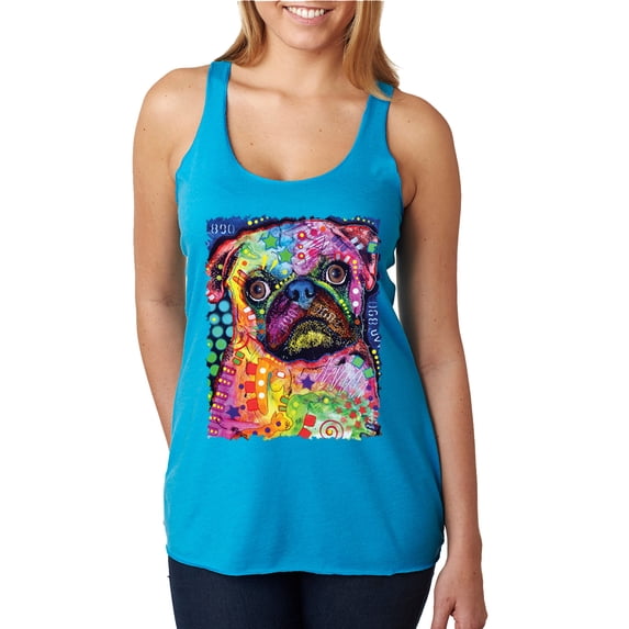 Funny Neon Pug | Dean Russo Art Animal Lover Tri-Blend Racerback Tank Top, Vintage Turquoise, Large