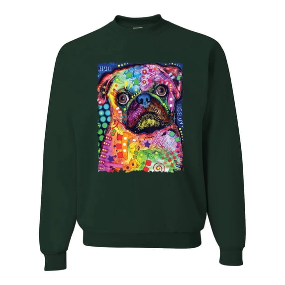 Funny Neon Pug | Dean Russo Art Animal Lover Unisex Crewneck Sweatshirt, Forest Green, Medium
