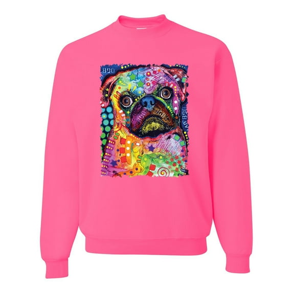 Funny Neon Pug | Dean Russo Art Animal Lover Unisex Crewneck Sweatshirt, Neon Pink, Medium