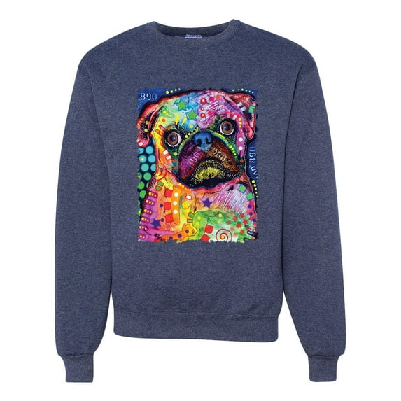 Funny Neon Pug | Dean Russo Art Animal Lover Unisex Crewneck Sweatshirt, Vintage Heather Navy, X-Large