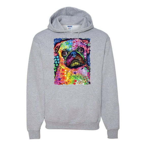 Funny Neon Pug | Dean Russo Art Animal Lover Unisex Hoodie Sweatshirt, Heather Grey, X-Large