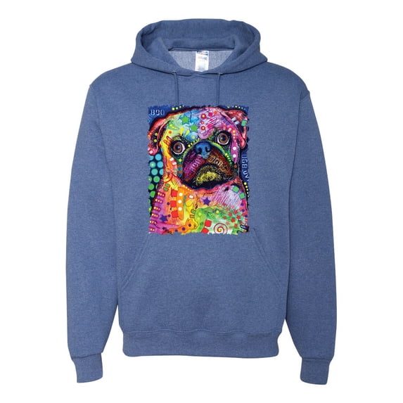 Funny Neon Pug | Dean Russo Art Animal Lover Unisex Hoodie Sweatshirt, Vintage Heather Blue, Medium
